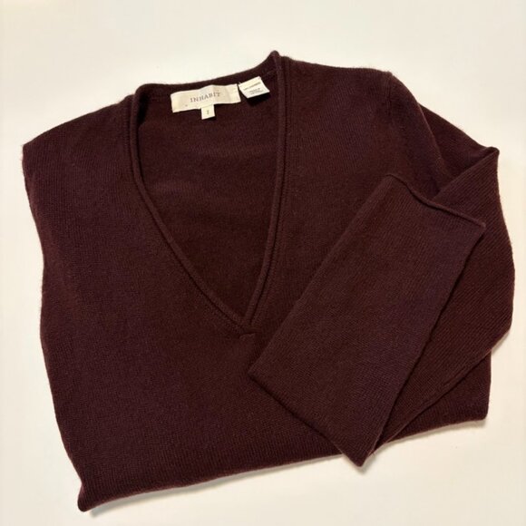 Inhabit 100% Cashmere V-Neck Sweater Small Burgundy Minimalist Lightweight Cozy - Picture 1 of 6
